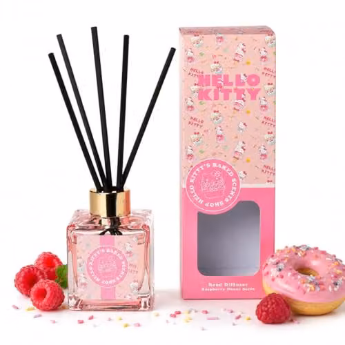 Hello Kitty Bakery Raspberry Donut Scented Reed Diffuser in a Pink Decorative Glass Bottle with Fruity Gourmand Aroma