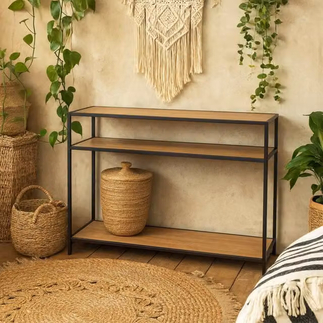 Wyld Haus El Paso Console Table with Matte Black Metal Frame and Wild Oak Shelves in Natural – 1