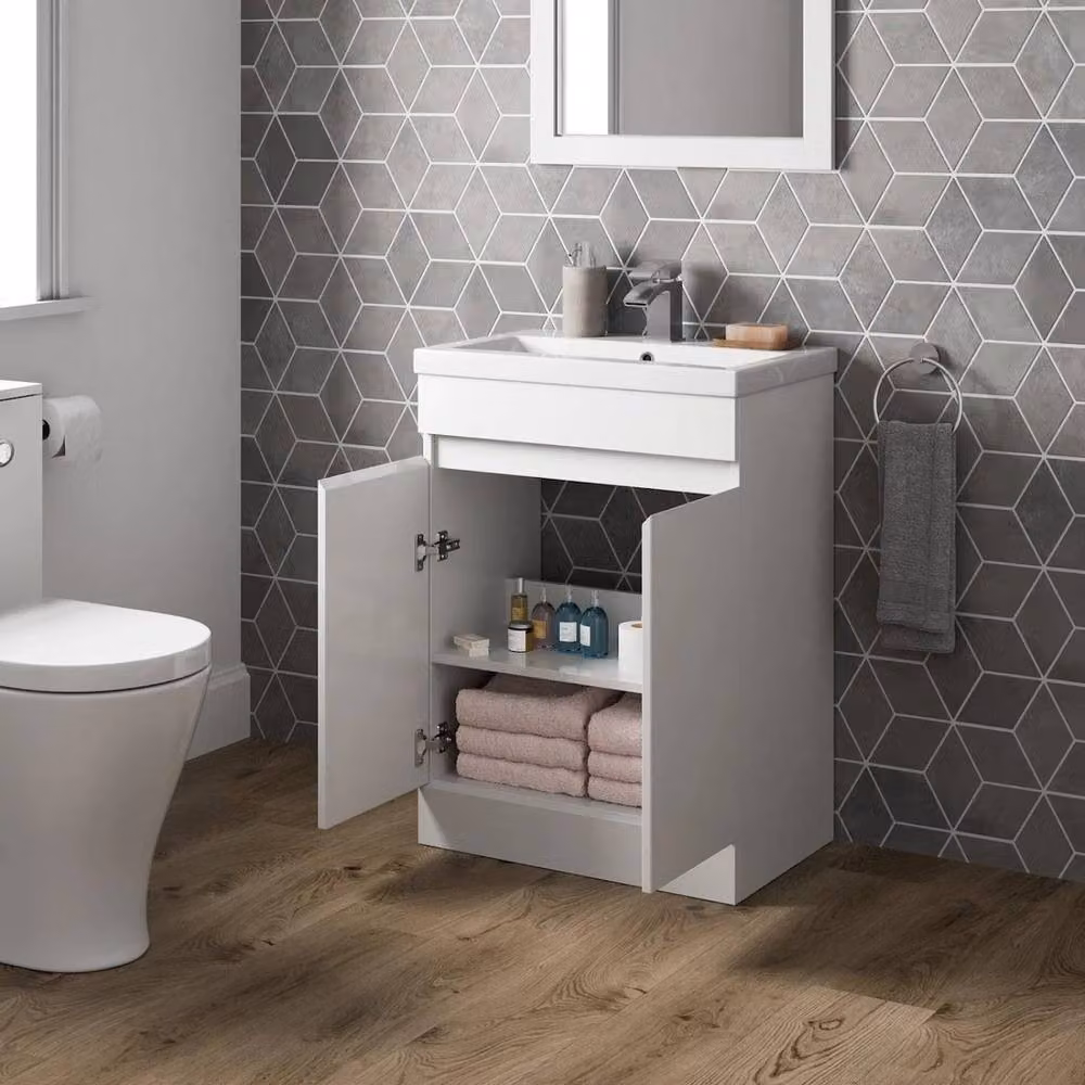 FORGEVIO White Glossy Freestanding Bathroom Vanity Unit with Basin and Soft-Close Hinged Doors, W: 60 cm, D: 38.5 cm, H: 80 cm – 3