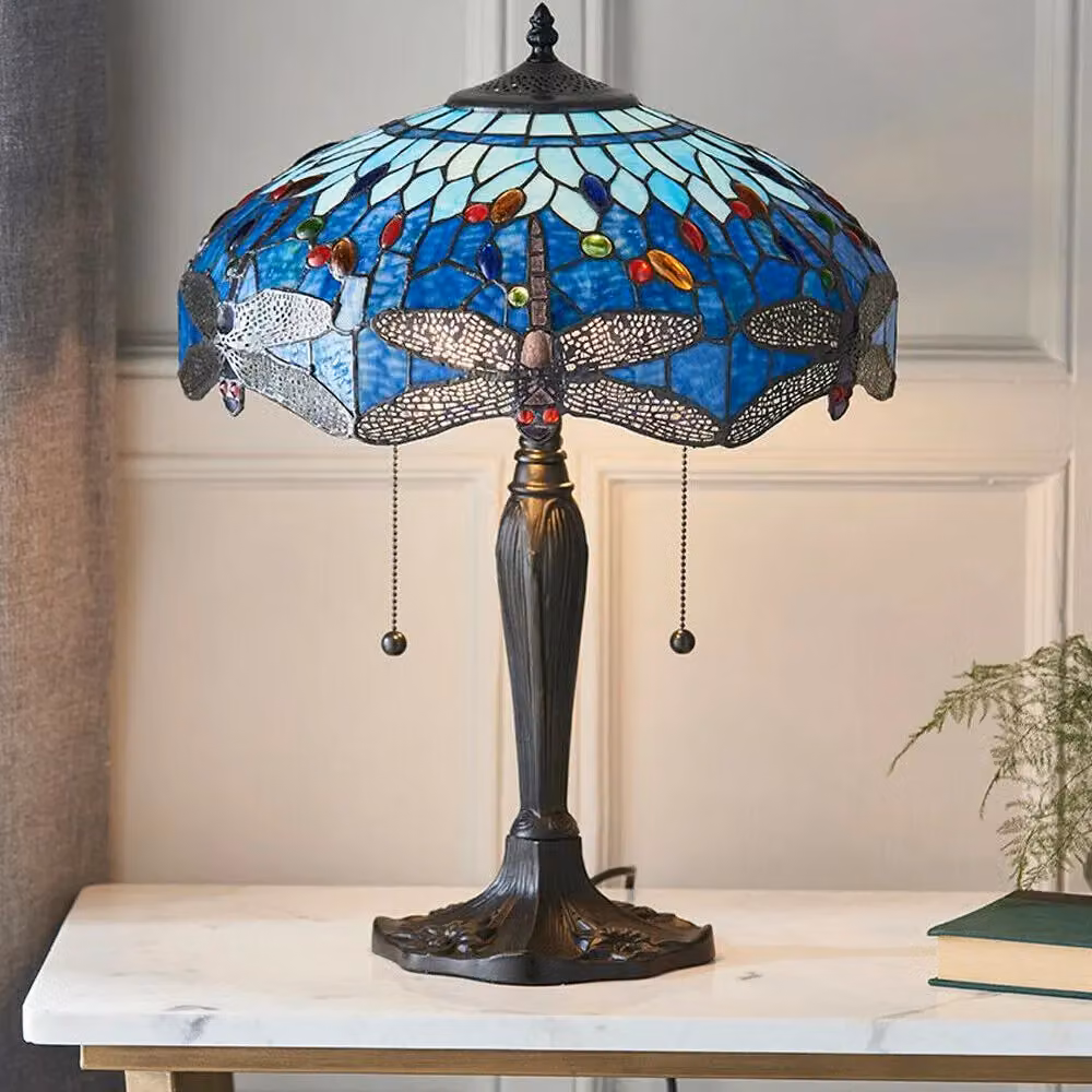 Loops Tiffany Glass Table Lamp with Blue Dragonfly Shade and Dark Bronze Base – 3