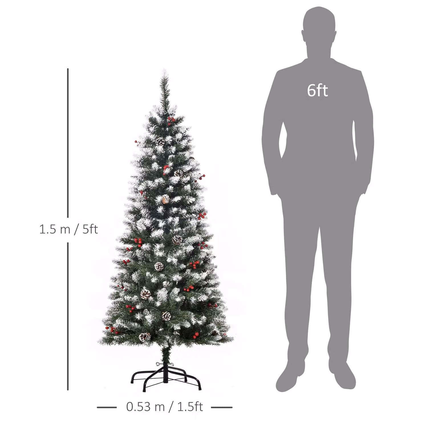 HOMCOM 5ft Green Pencil Christmas Tree with Red Berries and Pinecones – 3