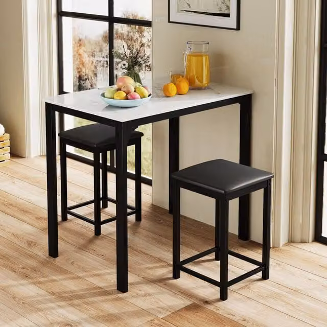 Costway 3 Piece Modern Bar Table Set with 2 Upholstered Stools in White and Marble Finish