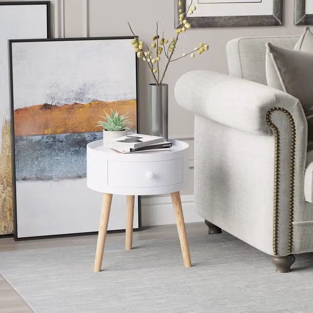 HOMCOM Modern Round Coffee Table with Drawer in White