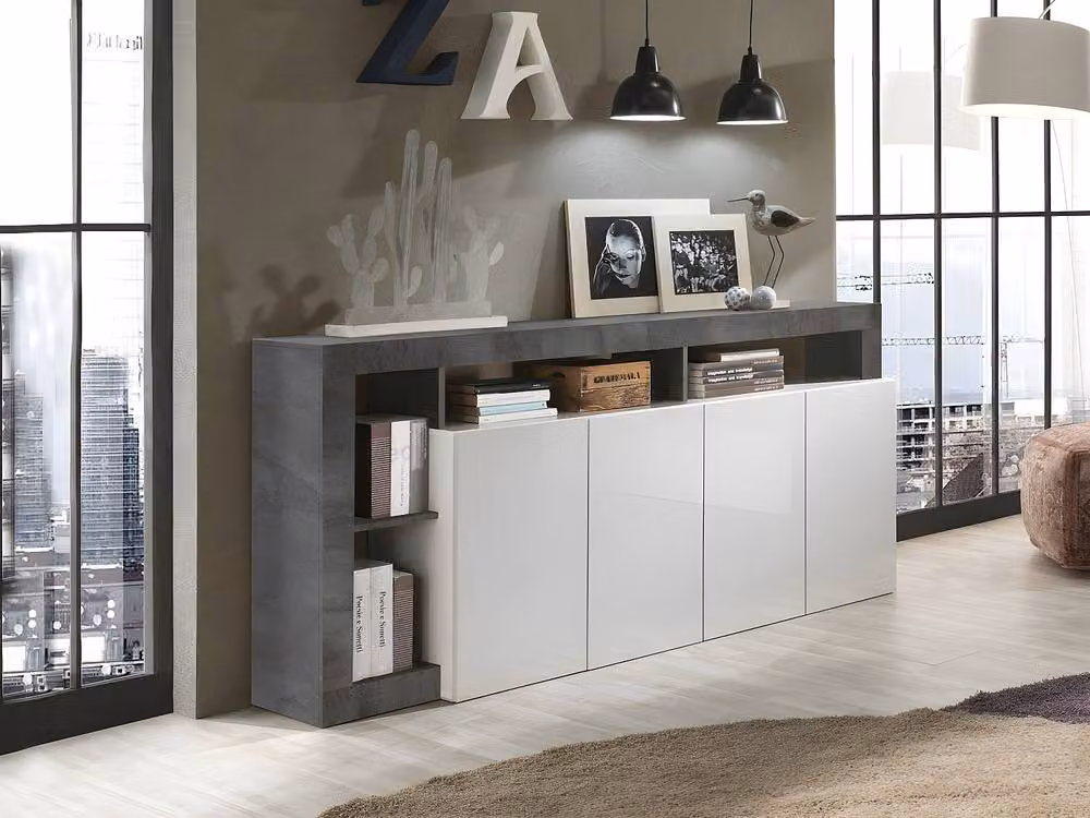 Vente-unique Modern 4-Door and 4-Compartment Buffet in Glossy White and Grey Concrete, W/D/H: 184 x 42 x 93 cm – 3