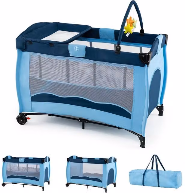 Gymax Folding Playpen in Blue with Diaper Changing Table, 2 Lockable Wheels and 3 Hanging Toys