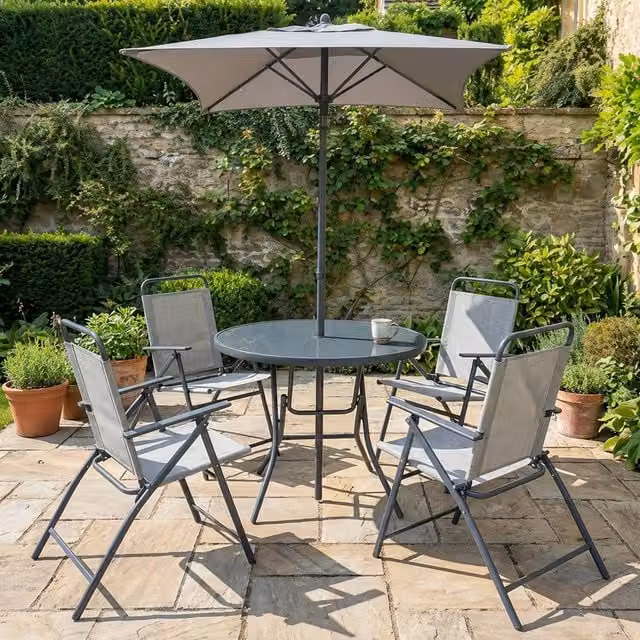 Outdoor Essentials Safina 6 Piece Folding Patio Set in Green and Grey with Glass Top Table
