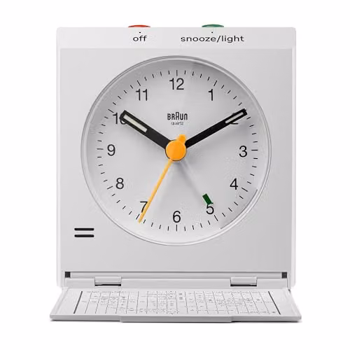 Braun Classic Analogue Travel Alarm Clock with Snooze and Light in White – 1