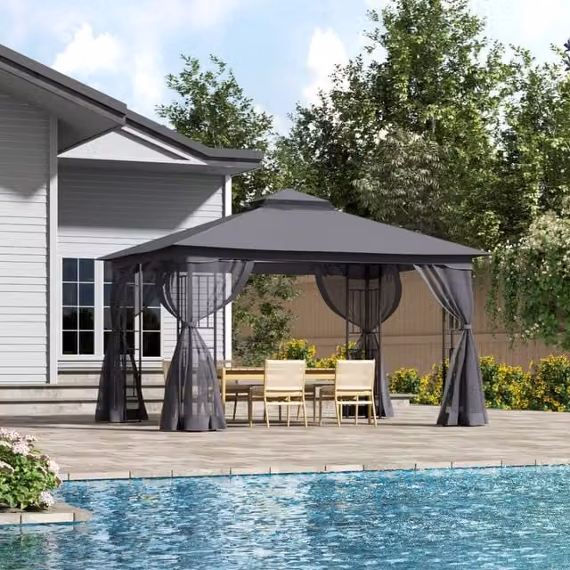 Lifeideas Modern Pyramid Hip Roofed Polyester and Steel Garden Gazebo in Dark Grey, W: 395 cm, D: 295 cm, H: 280 cm