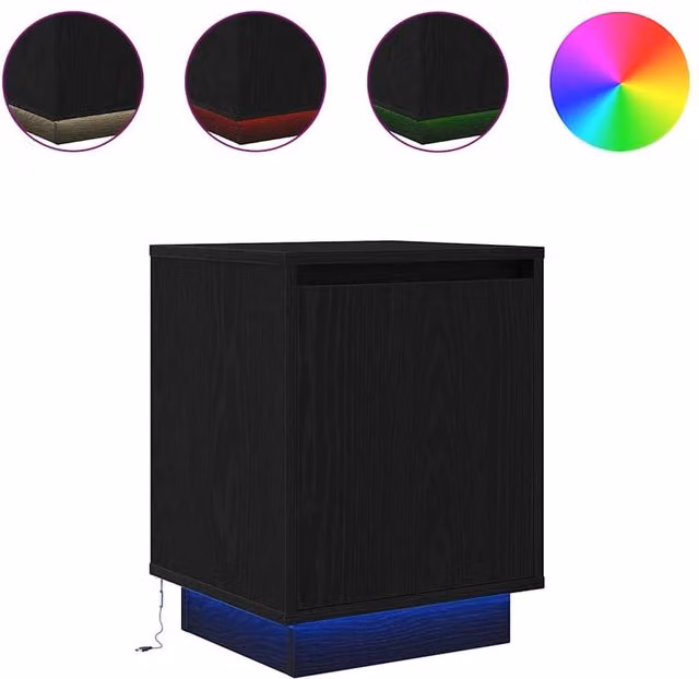 Berkfield Home Modern Black Bedside Cabinet with Integrated LED Lights, W/D/H: 38 x 34 x 50 cm