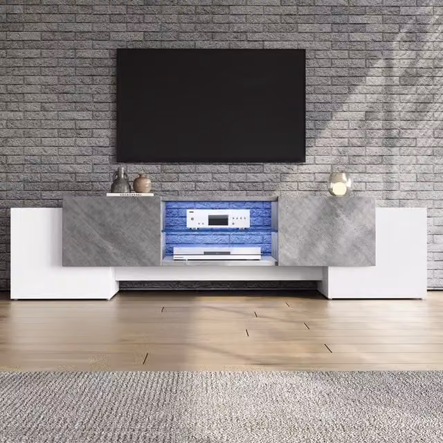 Aosom UK Modern TV Cabinet with App-Controlled LED Lighting, 4 Doors and 2 Open Shelves, Grey and White, W: 180 cm, D: 40 cm, H: 46.5 cm – 1