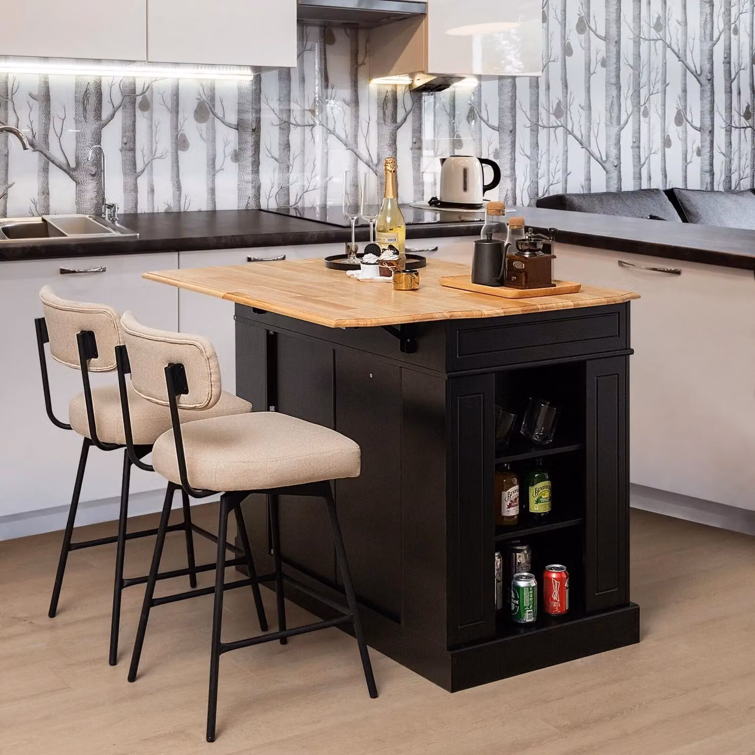 Gymax Modern Kitchen Island Cupboard with Drop Leaf Countertop and 2-Door Rubberwood Cabinet in Black – 3