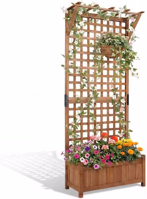 Costway Brown Wooden Raised Garden Bed with Hanging Roof and Trellis Fir Wood Planter Box