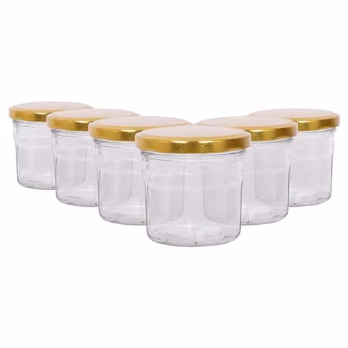 Argon Tableware Glass Jam Jars with Airtight Gold Lids, 130ml, Pack of 6, Transparent