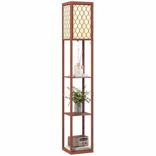 HOMCOM Modern Floor Lamp with 3 Shelves and Fabric Lampshade in Brown, Height: 160 cm – 1