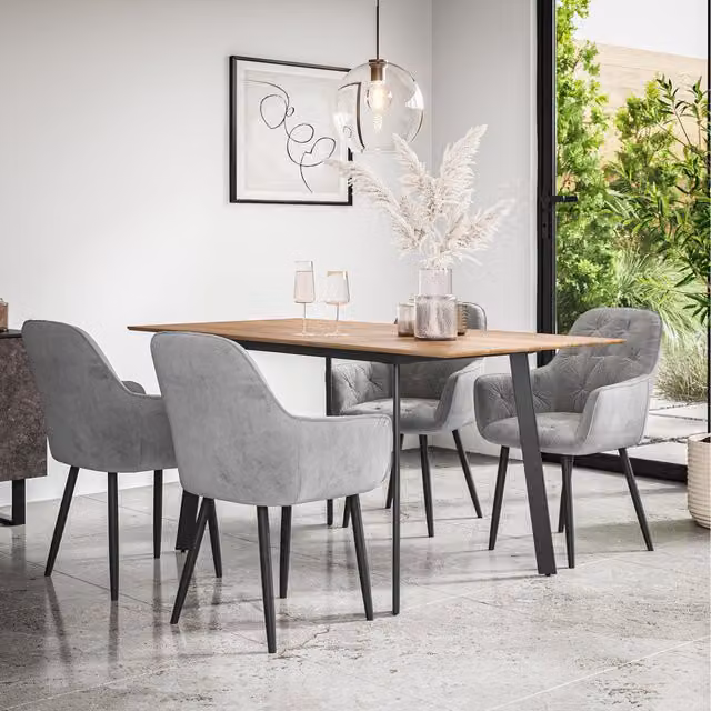 More4Homes Haydon Extending Oak Effect Dining Table Set with 6 Anika Velvet Chairs in Grey and Black, W/D/H: 120 x 80 x 76 cm
