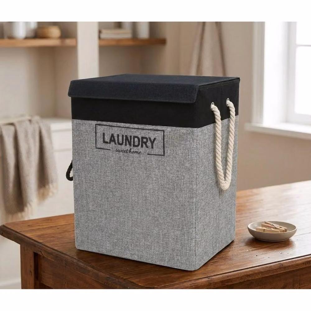 FORGEVIO Grey Large Fabric Laundry Hamper Basket with Lid and Handles – 2