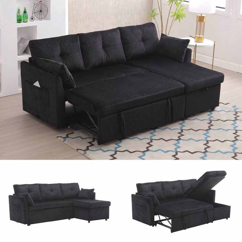 Direct Wicker L-Shape Convertible 3-in-1 Sofa with Storage and Pull-Out Bed in Black, W/D/H: 206 x 150 x 88 cm – 2