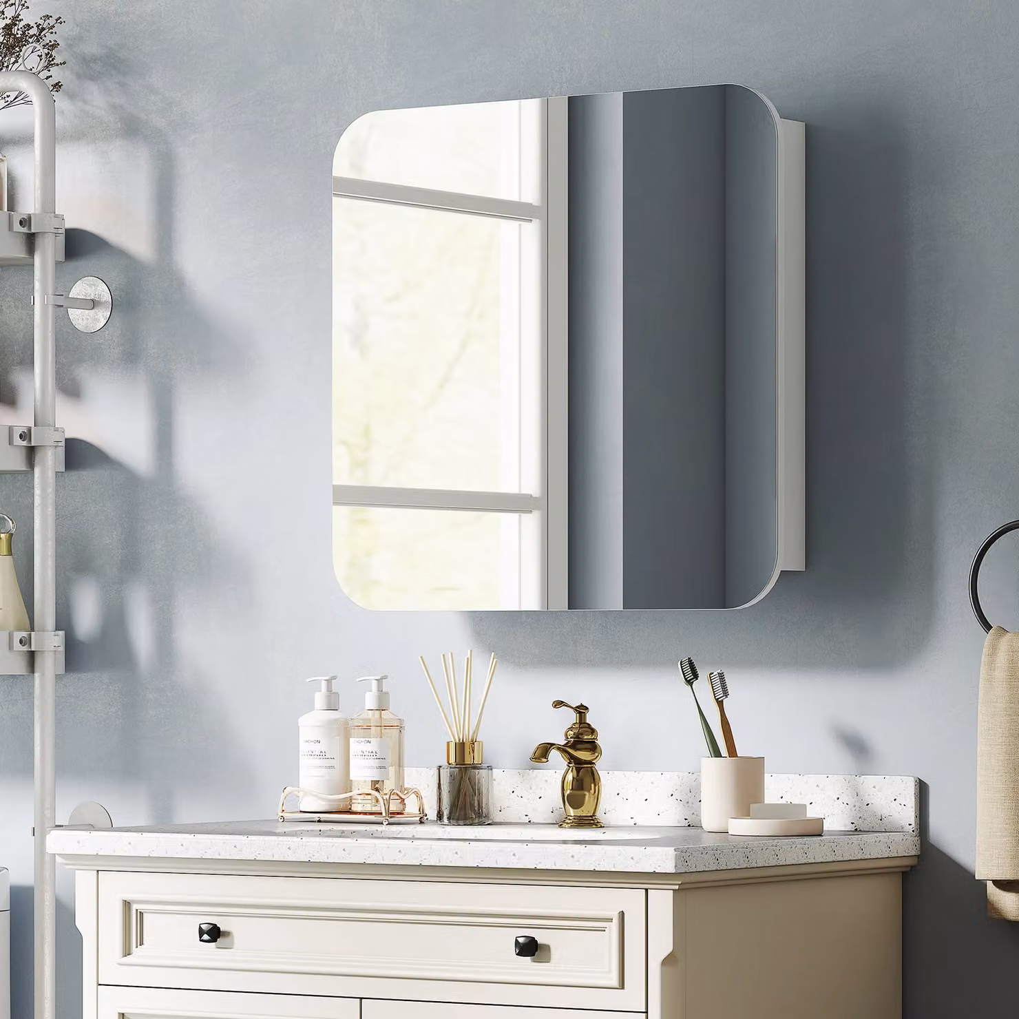 HOMCOM White Wall Mounted Arched Bathroom Mirror Cabinet with Hinged Glass Doors and Internal Shelves – 2