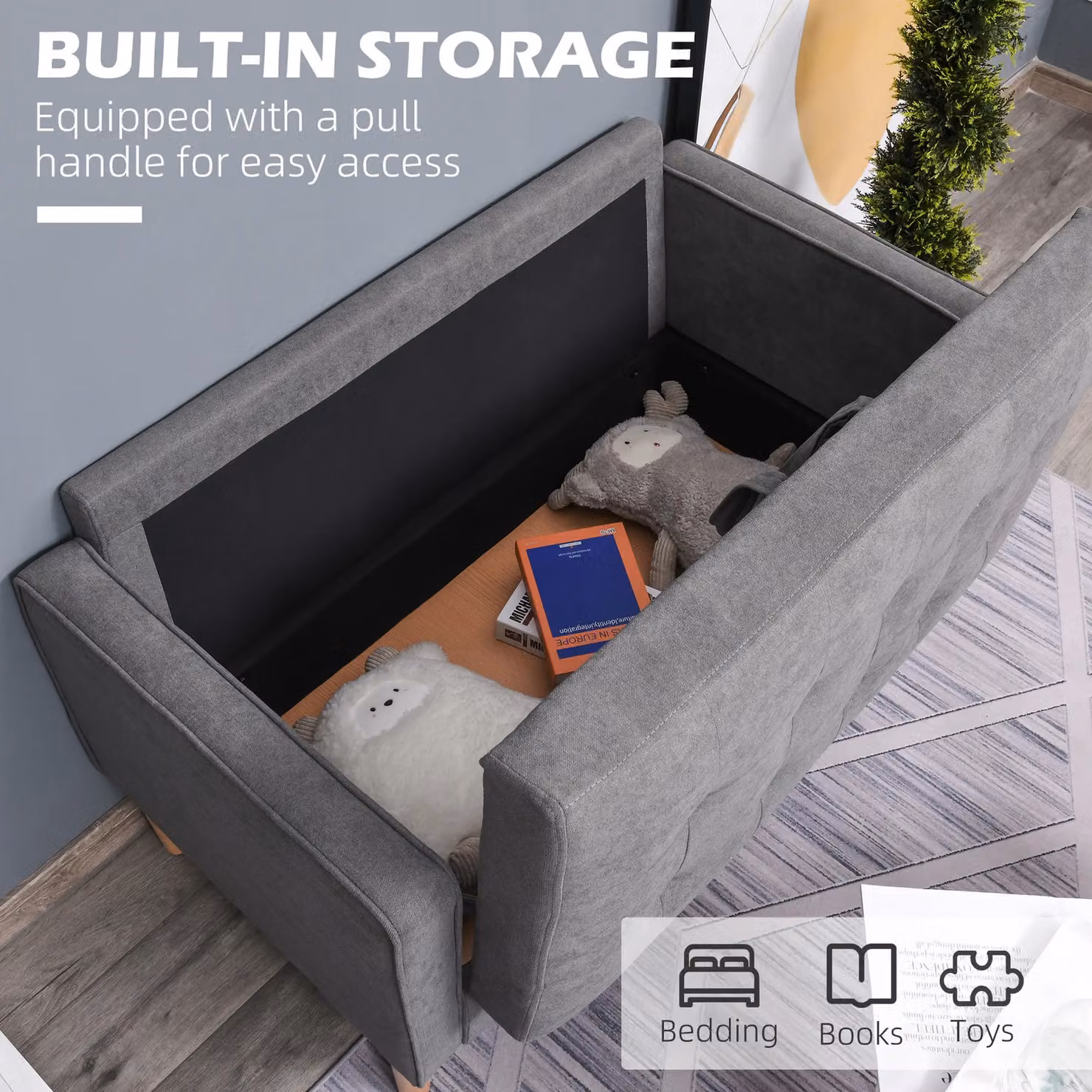 HOMCOM Modern 2 Seater Sofa with Hidden Storage and Wood Legs, Grey, W: 117 cm – 3