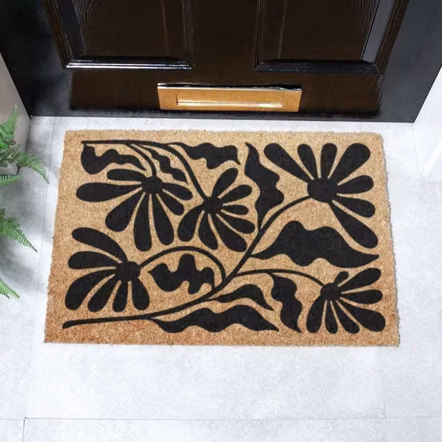 Artsy Mats Black Quirky Floral Pattern Coir Doormat in Brown, W: 60 cm, D: 40 cm