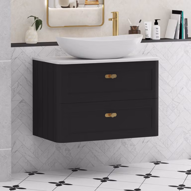 Royal Bathrooms Henley 800mm Matt Nocturne Black Wall Hung 2 Drawer Vanity Unit with Cesar Basin and Brushed Brass Knob