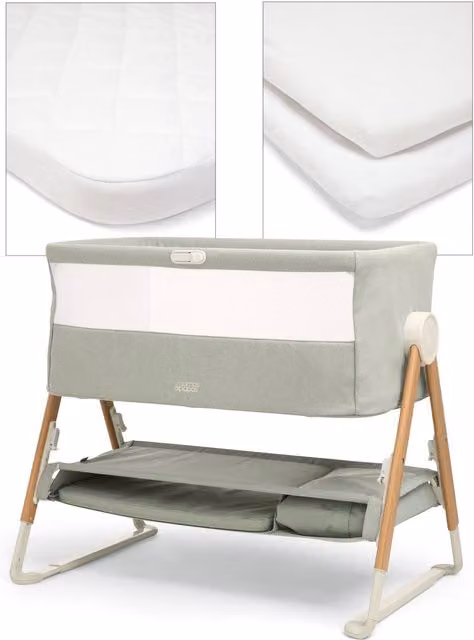 Mamas & Papas Lua Bedside Crib with Sheet and Mattress Protector Bundle in Sage Green and White