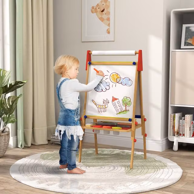 AIYAPLAY 3 in 1 Kids Easel with Paper Roll, Whiteboard and Chalkboard, White