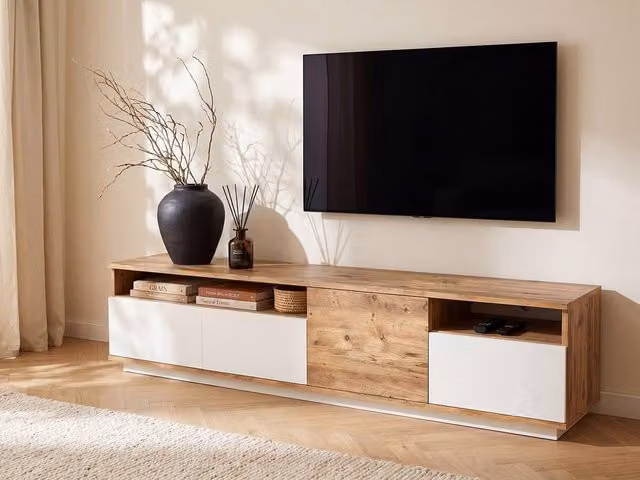Vente-unique CEDONA TV Unit with 4 Doors and 2 Shelves in Light Oak and White – 1