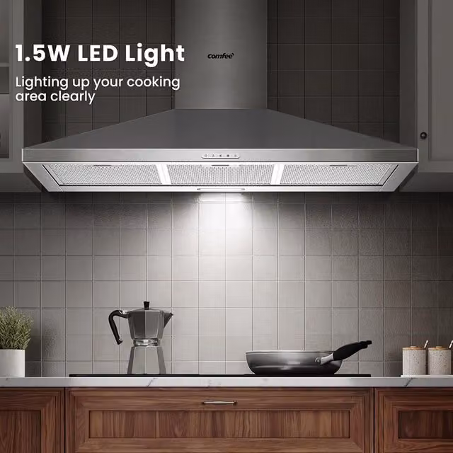 Livingandhome Silver Wall Mounted Chimney Cooker Hood with Lighting, Exhaust and Recirculation Options, Energy Class A+