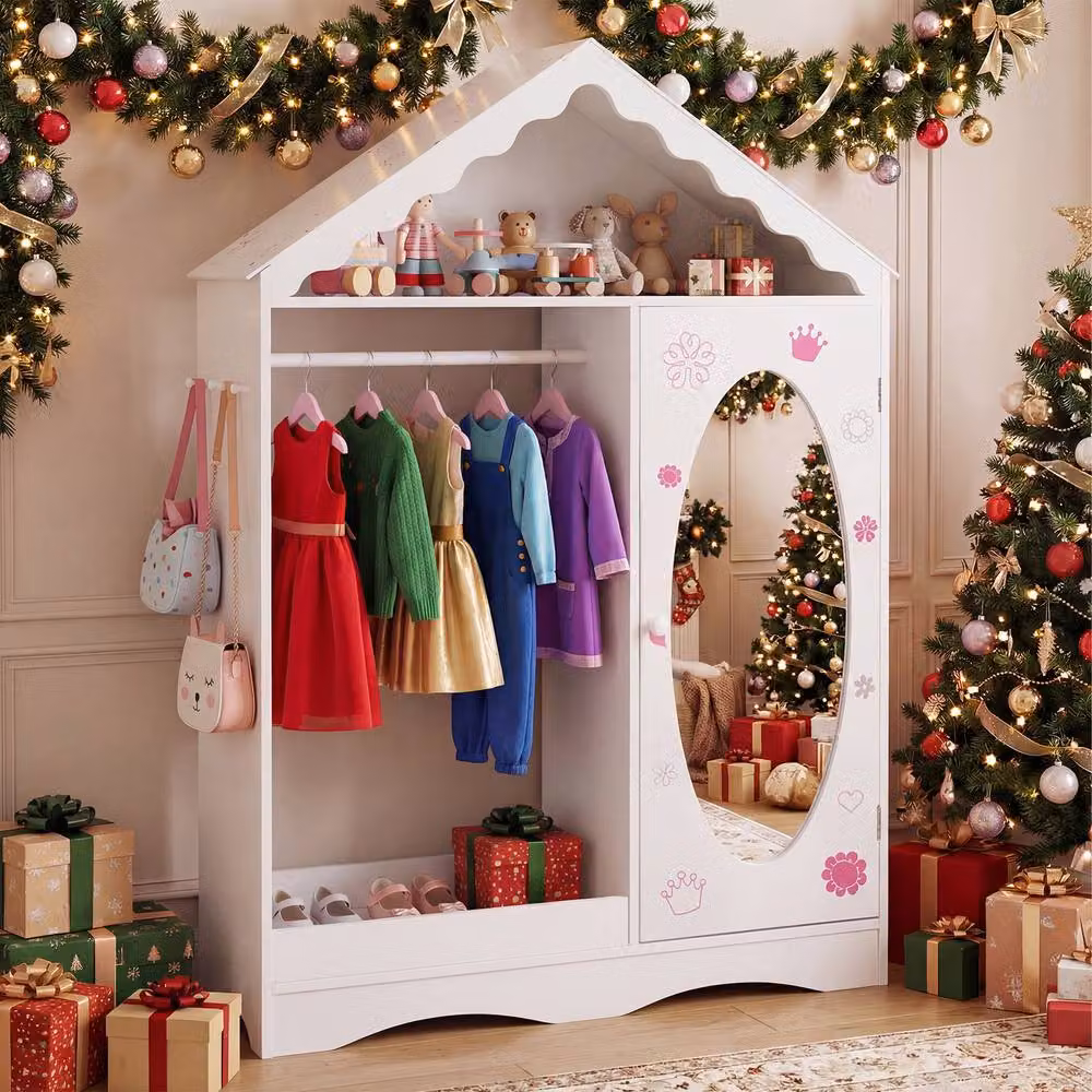 Gymax White Wooden Childrens Roofed Dress Up Closet with Mirror and Hanging Rack – 2