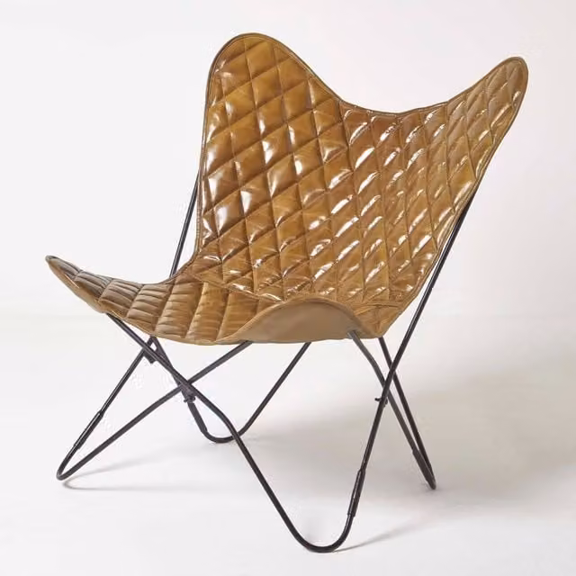 Homescapes Brown Leather Diamond Butterfly Lounge Chair with Metal Frame