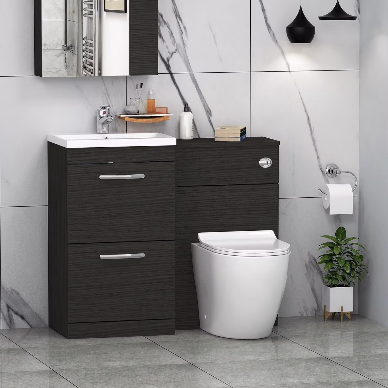 Royal Bathrooms Hale Black 1000mm 2 Drawer Furniture Pack with Mid Edge Basin and Slim Elva Back to Wall Toilet