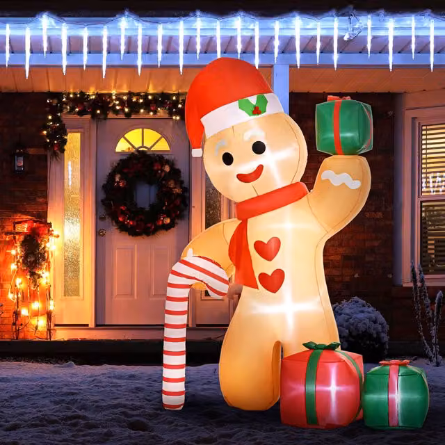 OUTSUNNY 8ft Gingerbread Man Christmas Inflatable with Candy Cane in Orange and Multicolour – 1