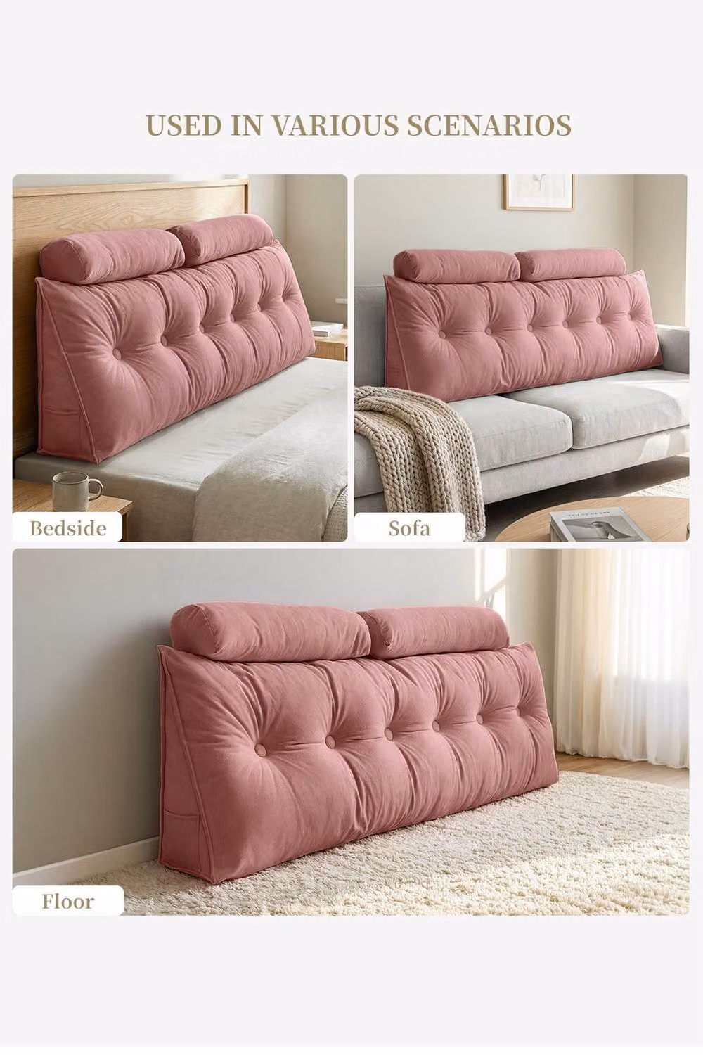 Living and Home Pink Chenille Wedge Headboard Pillow Set with Removable Cover and 2 Bolster Pillows – 3