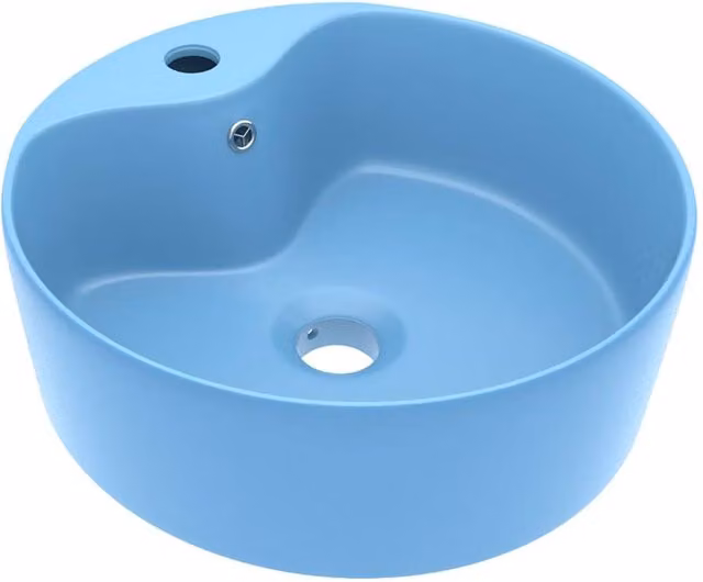 Berkfield Home Luxury Ceramic Round Countertop Wash Basin with Overflow in Matt Light Blue, W/D/H: 36 x 36 x 13 cm