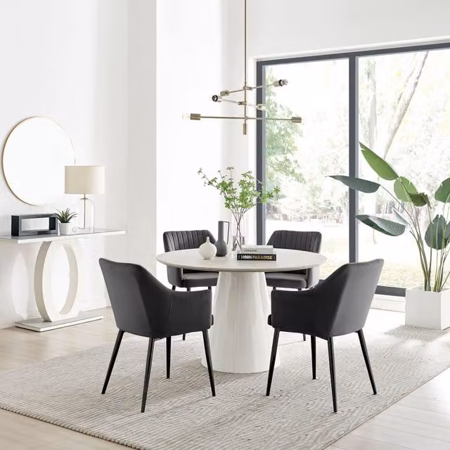 FurnitureboxUK Palma Beige Stone Effect Round Dining Table and 4 Calla Black Leg Chairs Set