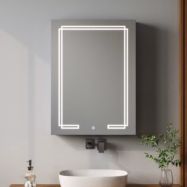 Livingandhome Modern Wall Mounted Bathroom Mirror Cabinet with LED Lighting and Sensor Switch in Black and Silver