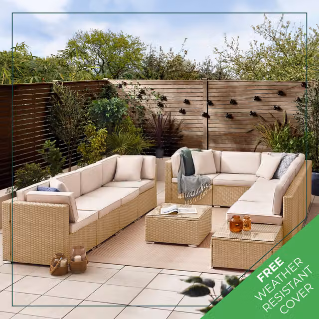 FurnitureboxUK Orlando 10 Seater Rattan Garden Sofa Set in Beige with U-Shape Design and Matching Ottoman