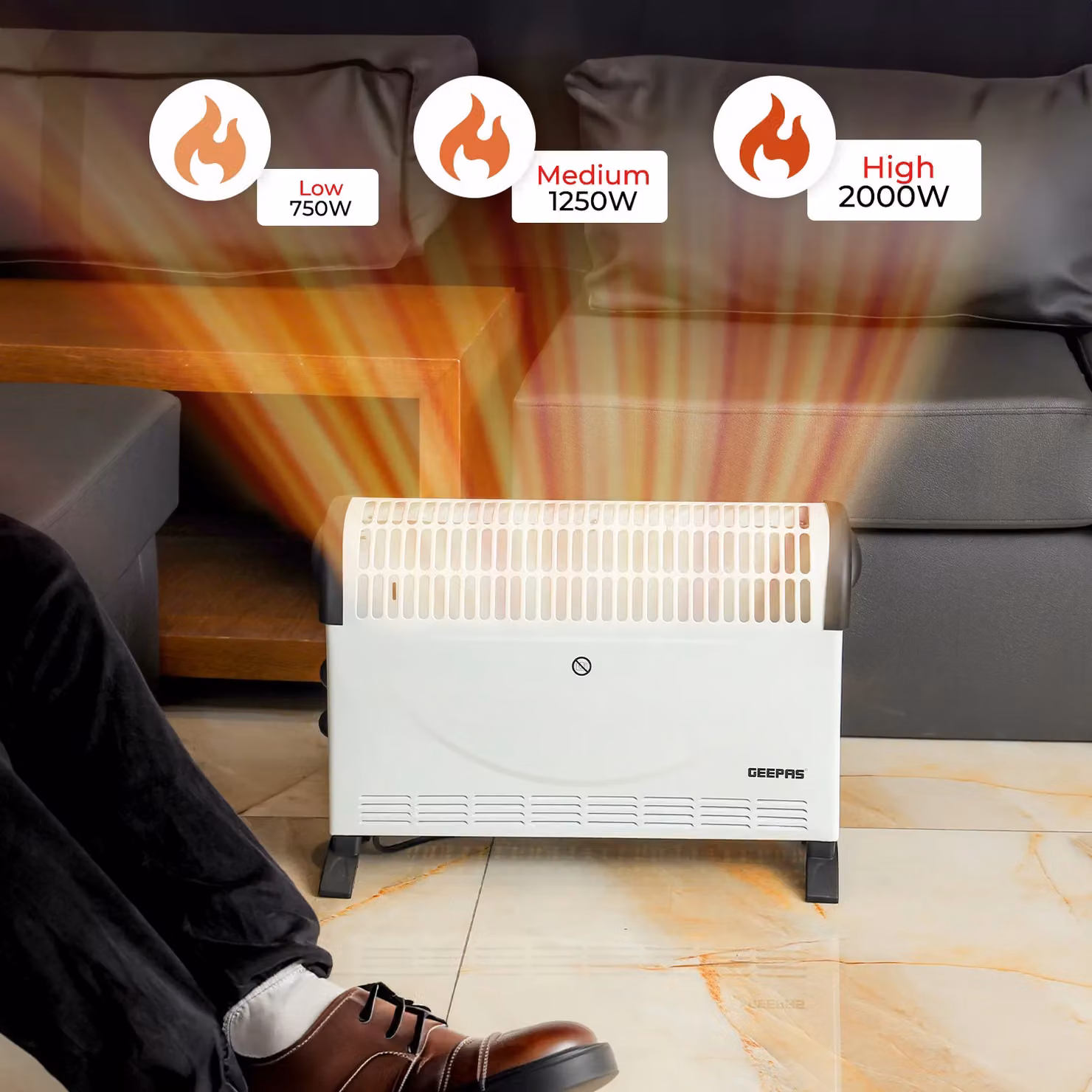 Geepas 2kW White Freestanding Electric Convector Radiator with 3 Heat Settings – 2
