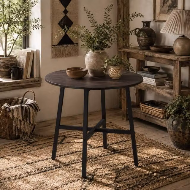 Wyld Haus Vizina Round Industrial Dining Table, Rustic Brown and Black, Diameter: 85 cm, Height: 76 cm – 1