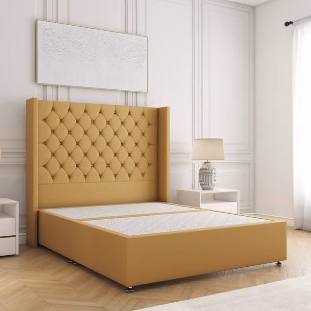 BSSPOKE Winchester Super King Divan Bed with 54 inch Headboard in Mustard Yellow Plush Velvet