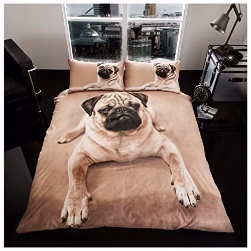 Gaveno Cavailia Wildlife 3D Pug Dog Bed Set with Duvet Cover and Pillowcase, Multicolour, W: 180 cm, H: 200 cm