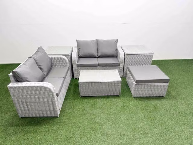 Fimous 5 Seater L-Shape Rattan Garden Furniture Set in Light Grey with Coffee Table, Ottoman and Side Tables