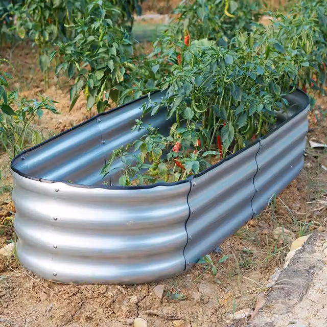 Gr8 Garden Oval Galvanised Steel Raised Bed Planter Trough in Silver, W/D/H: 120 x 61 x 30 cm