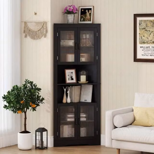 EONLION Modern Black Corner Cabinet with Glass Doors and Internal Shelves, Height: 171 cm, Width: 100 cm – 1