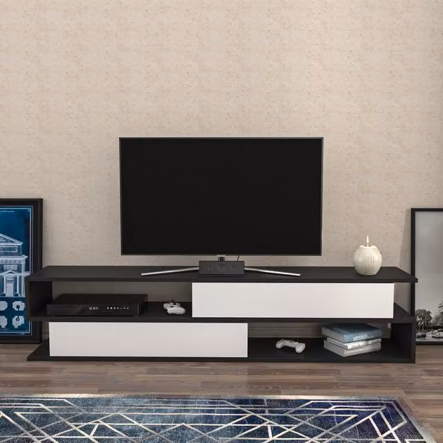 Decorotika Cortez Modern Geometric TV Unit in Anthracite, White and Silver