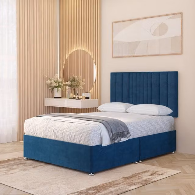 Somnior Beds Ltd Arizona Plush Velvet Orthopaedic Divan Bed Set with Hybrid Mattress and Headboard, Blue, W/D/H: 90 x 190 x 34.5 cm