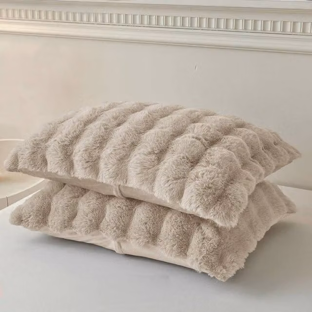 Sweet Dreams Bubble Faux Rabbit Pillowcase Pair in Beige Faux Fur