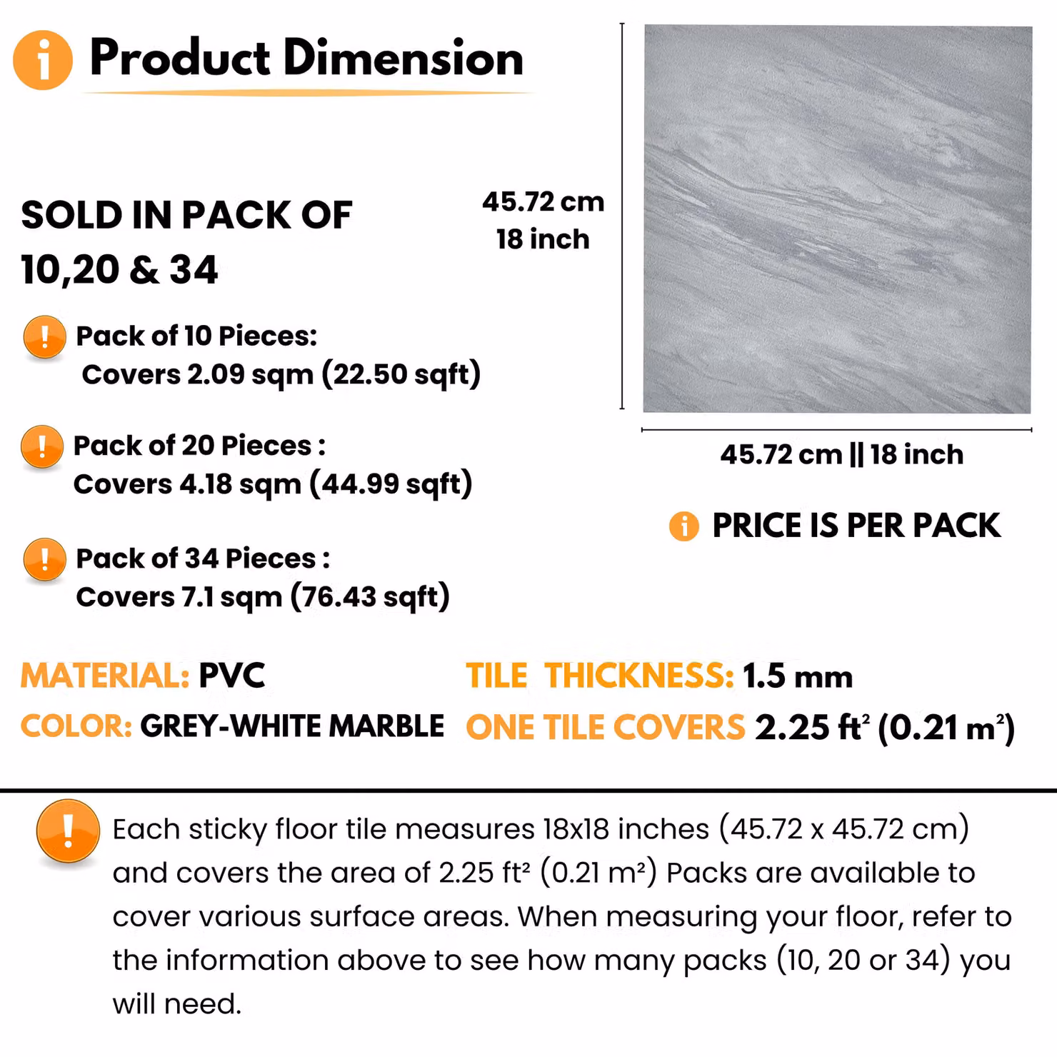 Novecrafto Self Adhesive Square Vinyl Floor Tiles, Grey and White Marble Stone Look, 34 Pack, W/D: 45.72 x 45.72 cm – 2