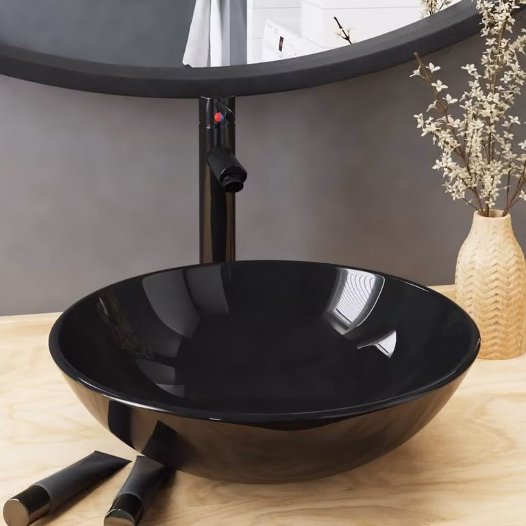 Berkfield Home Round Black Tempered Glass Countertop Bathroom Sink with Tap and Push Drain, W: 42 cm, D: 42 cm, H: 13 cm